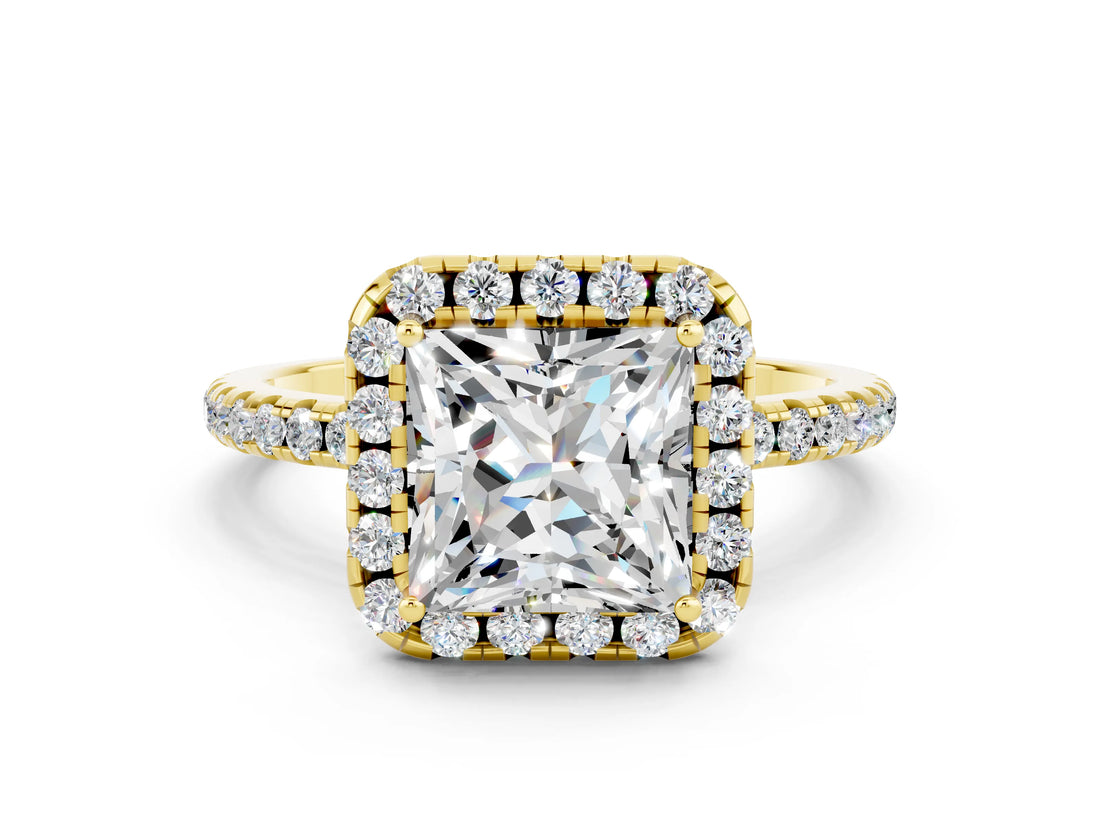 Yellow gold Princess Cut Cut Diamond Floral Halo Engagement Ring with Pavé Band and Prong Setting