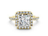 Yellow gold Princess Cut Cut Diamond Floral Halo Engagement Ring with Pavé Band and Prong Setting