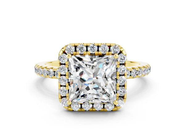 Yellow gold Princess Cut Moissanite Halo Engagement Ring with Round Pavé Band and Prong Setting