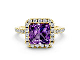 Yellow gold Princess Cut Cut Diamond Floral Halo Engagement Ring with Pavé Band and Prong Setting