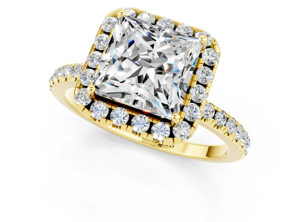 Yellow gold Princess Cut Moissanite Halo Engagement Ring with Round Pavé Band and Prong Setting