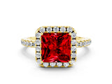 Yellow gold Princess Cut Cut Diamond Floral Halo Engagement Ring with Pavé Band and Prong Setting