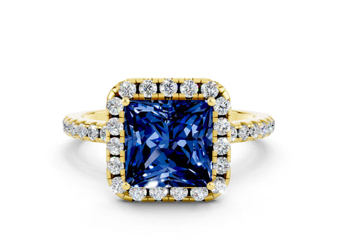 Yellow gold Princess Cut Cut Diamond Floral Halo Engagement Ring with Pavé Band and Prong Setting