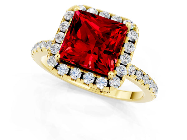 Yellow gold Princess Cut Cut Diamond Floral Halo Engagement Ring with Pavé Band and Prong Setting