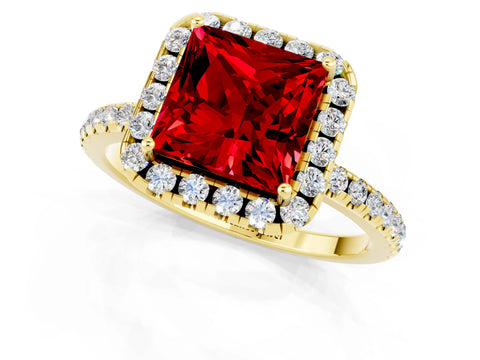 Yellow gold Princess Cut Cut Diamond Floral Halo Engagement Ring with Pavé Band and Prong Setting_1