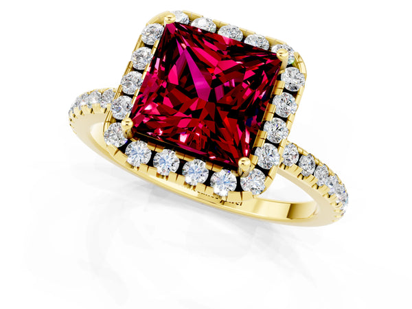Yellow gold Princess Cut Garnet Halo Engagement Ring with Round Pavé Band and Prong Setting