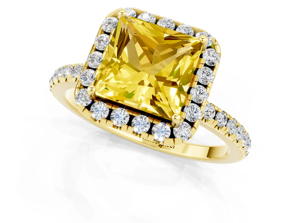 Yellow gold Princess Cut Yellow Sapphire Halo Engagement Ring with Round Pavé Band and Prong Setting