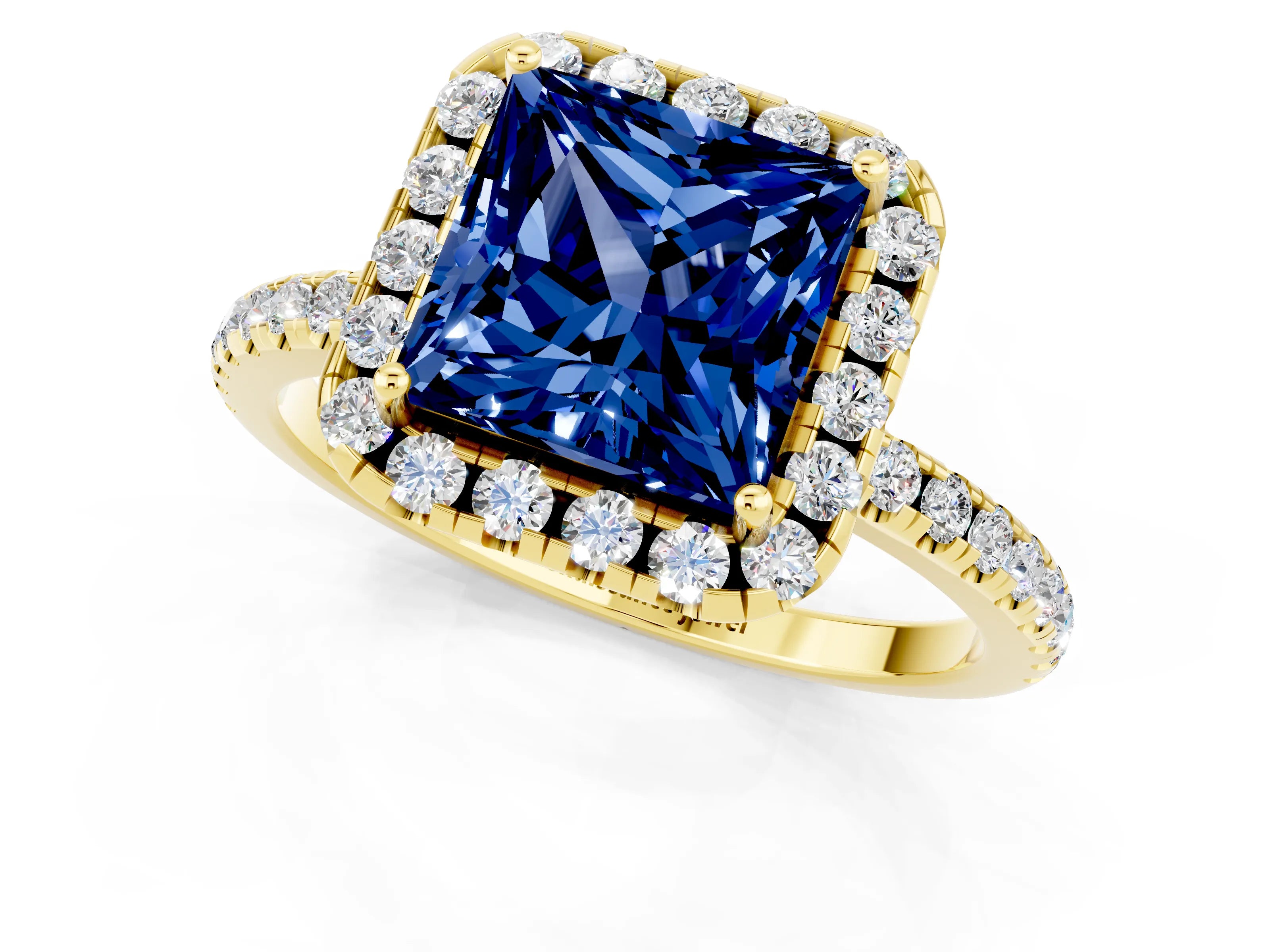 Yellow gold Princess Cut Cut Diamond Floral Halo Engagement Ring with Pavé Band and Prong Setting_1
