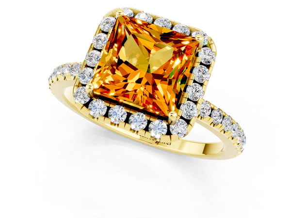 Yellow gold Princess Cut Citrine Halo Engagement Ring with Round Pavé Band and Prong Setting