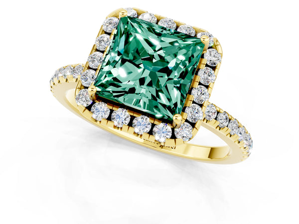 Yellow gold Princess Cut Green Sapphire Halo Engagement Ring with Round Pavé Band and Prong Setting
