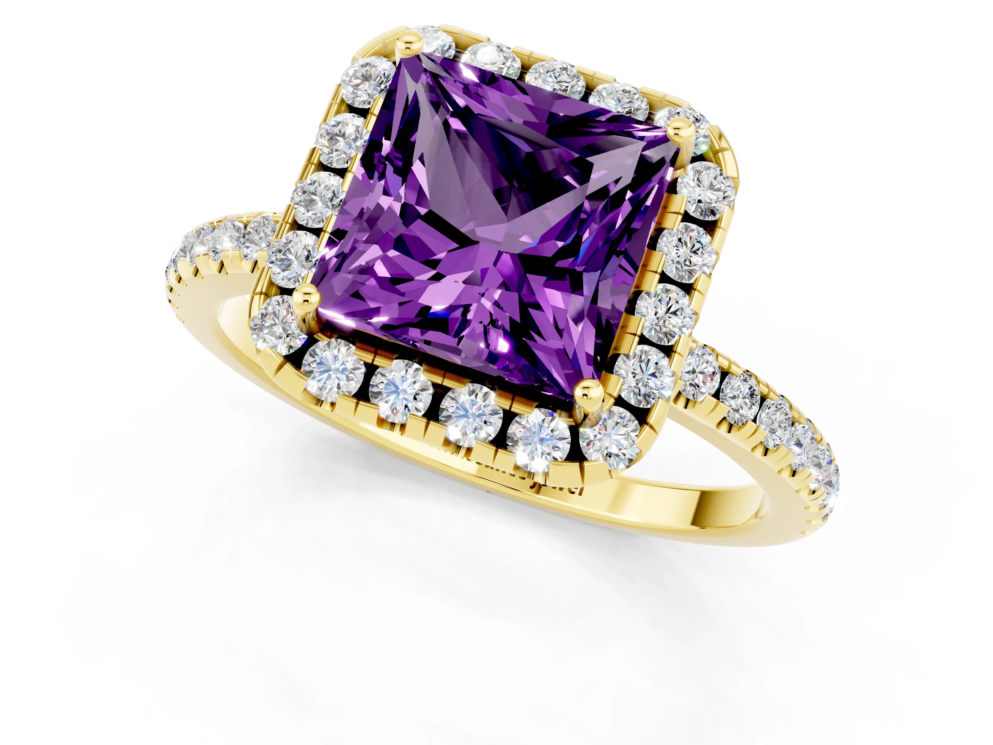 Yellow gold Princess Cut Cut Diamond Floral Halo Engagement Ring with Pavé Band and Prong Setting_1