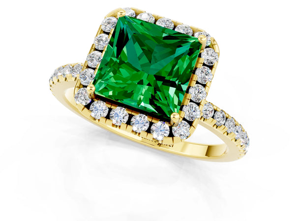 Yellow gold Princess Cut Emerald Halo Engagement Ring with Round Pavé Band and Prong Setting