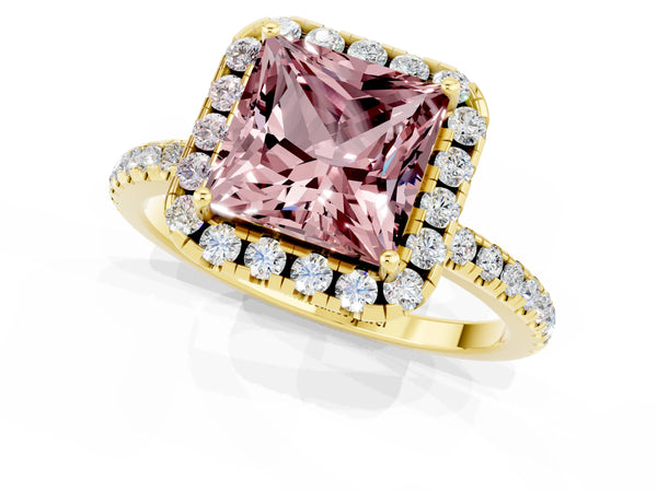 Yellow gold Princess Cut Cut Diamond Floral Halo Engagement Ring with Pavé Band and Prong Setting