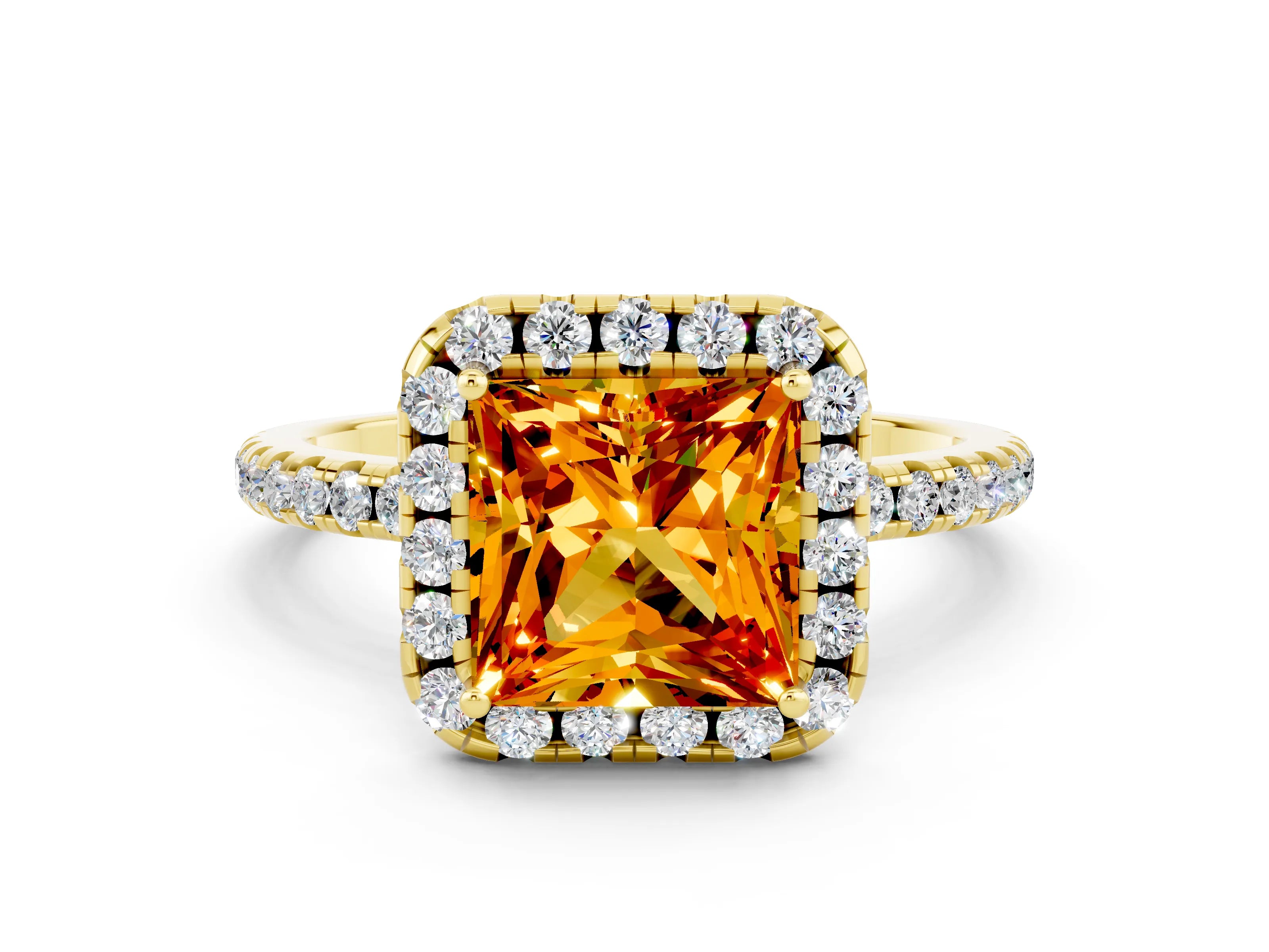 Yellow gold Princess Cut Cut Diamond Floral Halo Engagement Ring with Pavé Band and Prong Setting