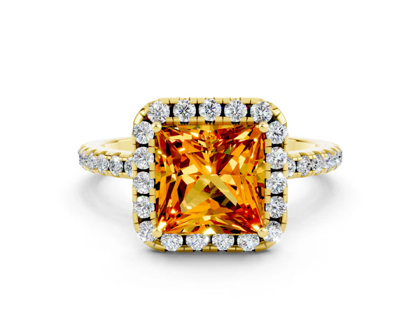 Yellow gold Princess Cut Citrine Halo Engagement Ring with Round Pavé Band and Prong Setting