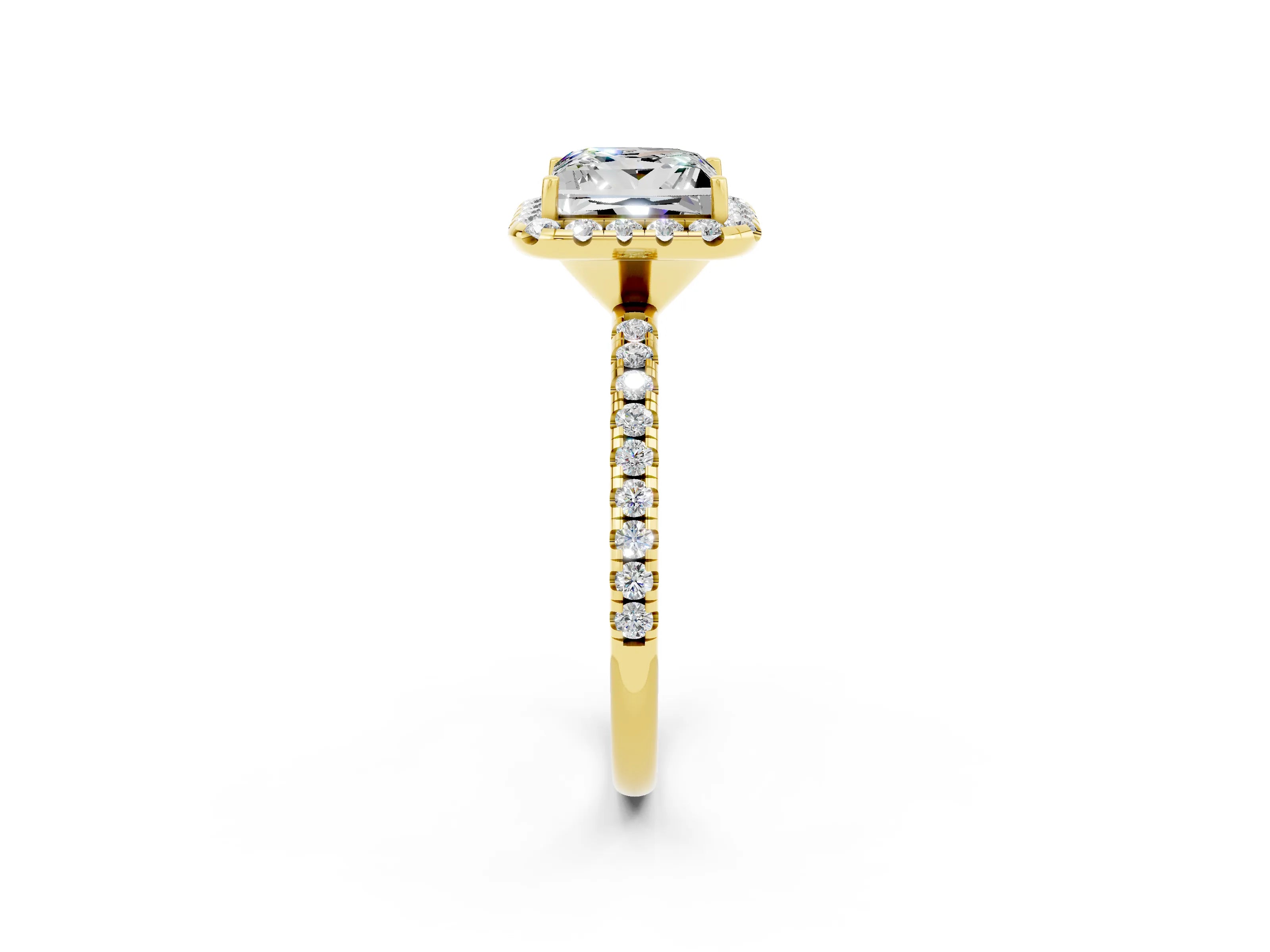 Yellow gold Princess Cut Cut Diamond Floral Halo Engagement Ring with Pavé Band and Prong Setting_2