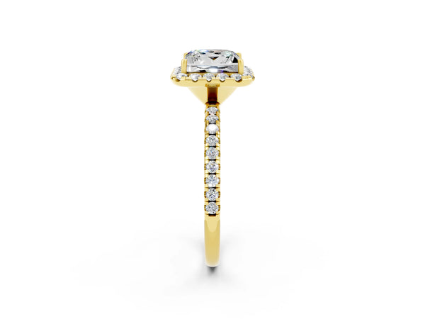 Yellow gold Princess Cut Moissanite Halo Engagement Ring with Round Pavé Band and Prong Setting