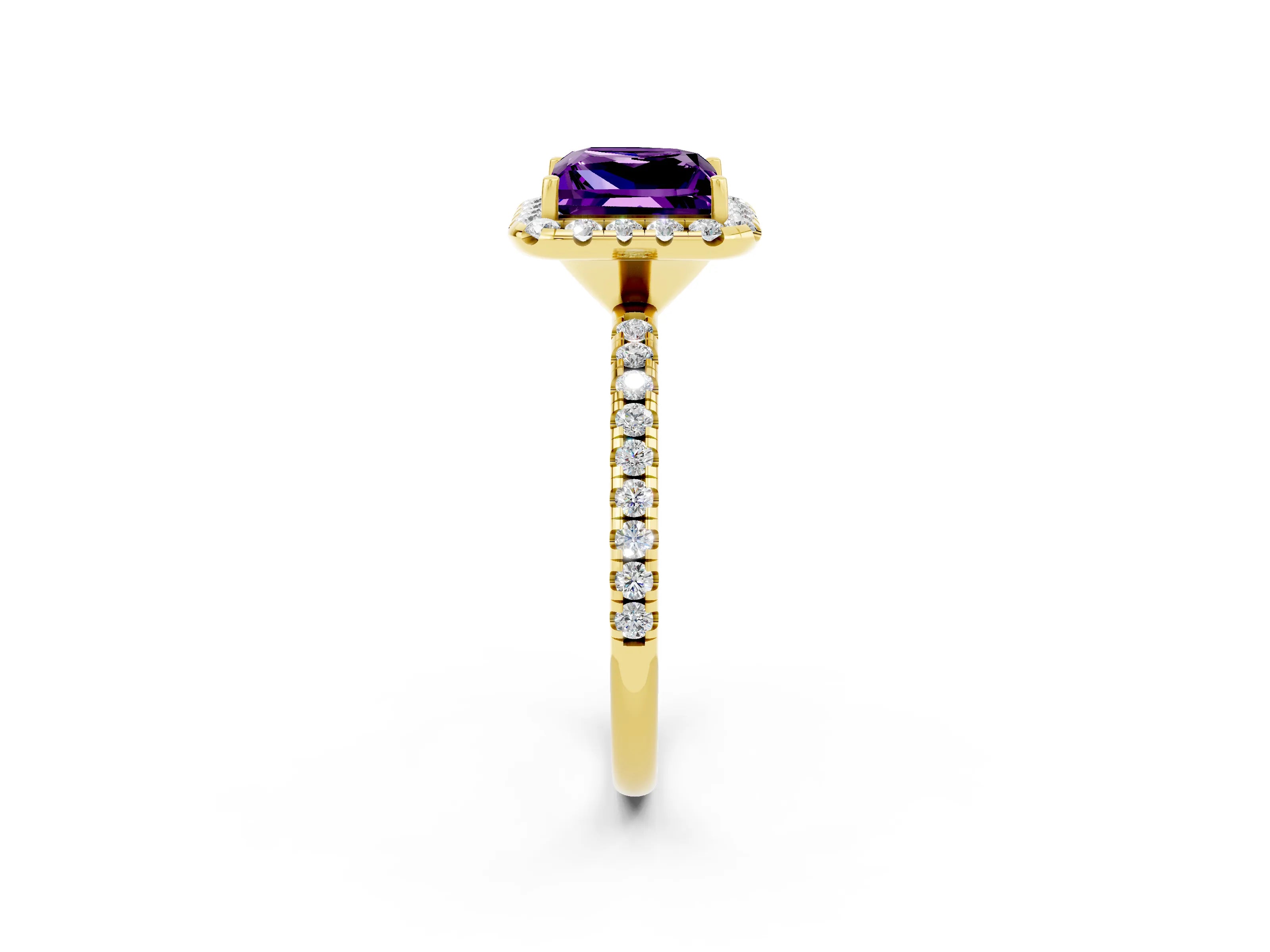Yellow gold Princess Cut Cut Diamond Floral Halo Engagement Ring with Pavé Band and Prong Setting_2