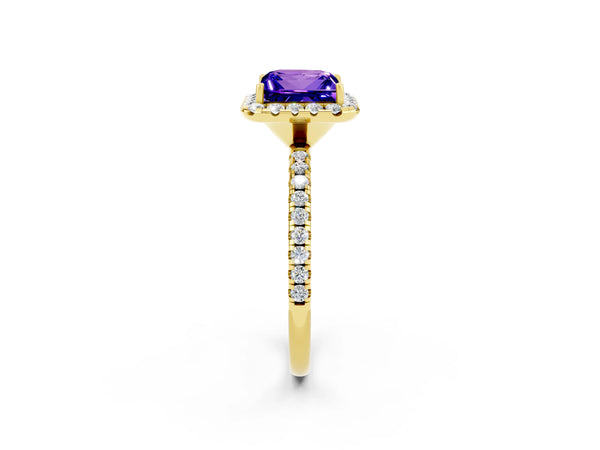 Yellow gold Princess Cut Tanzanite Halo Engagement Ring with Round Pavé Band and Prong Setting