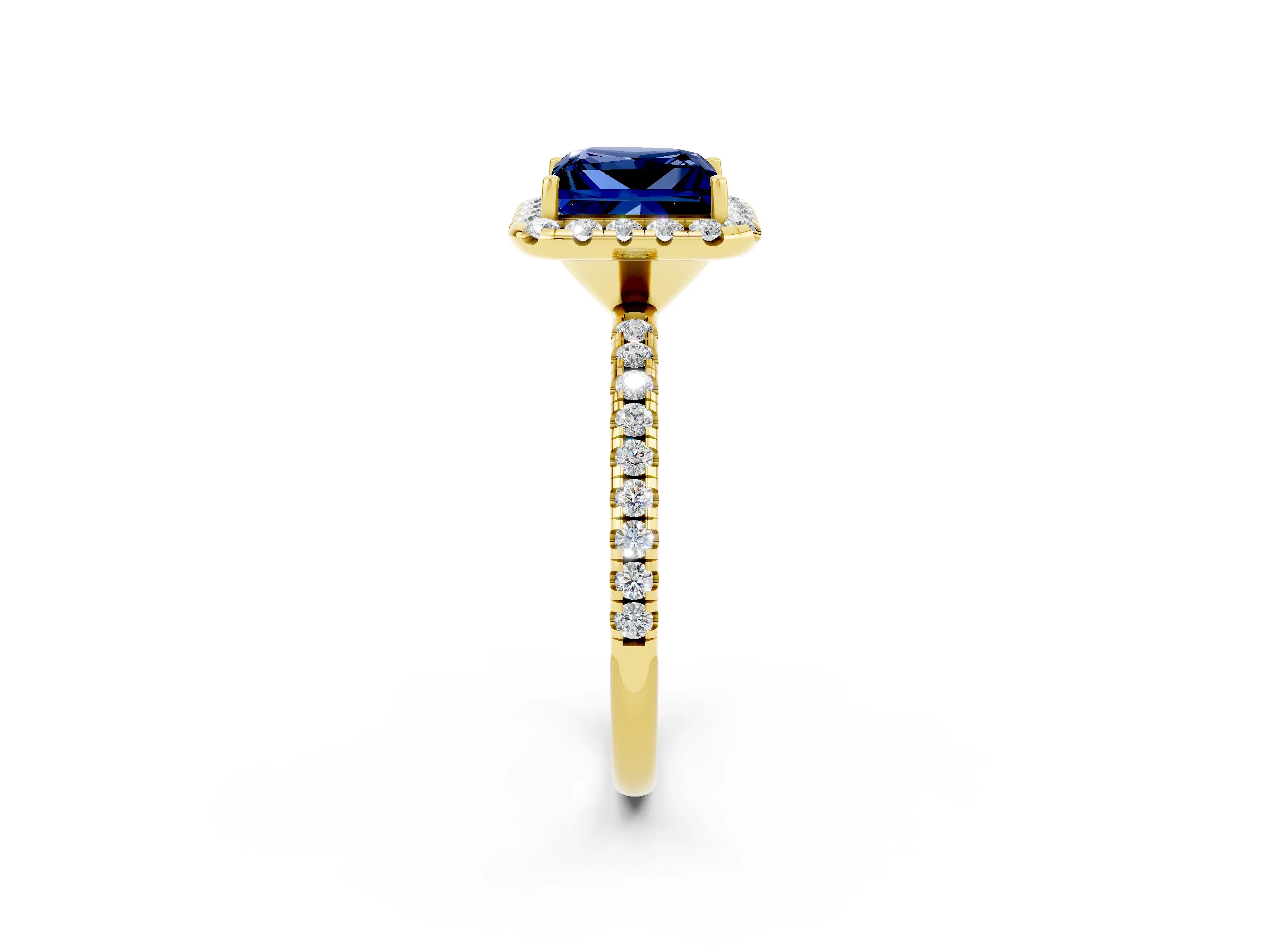 Yellow gold Princess Cut Cut Diamond Floral Halo Engagement Ring with Pavé Band and Prong Setting_2