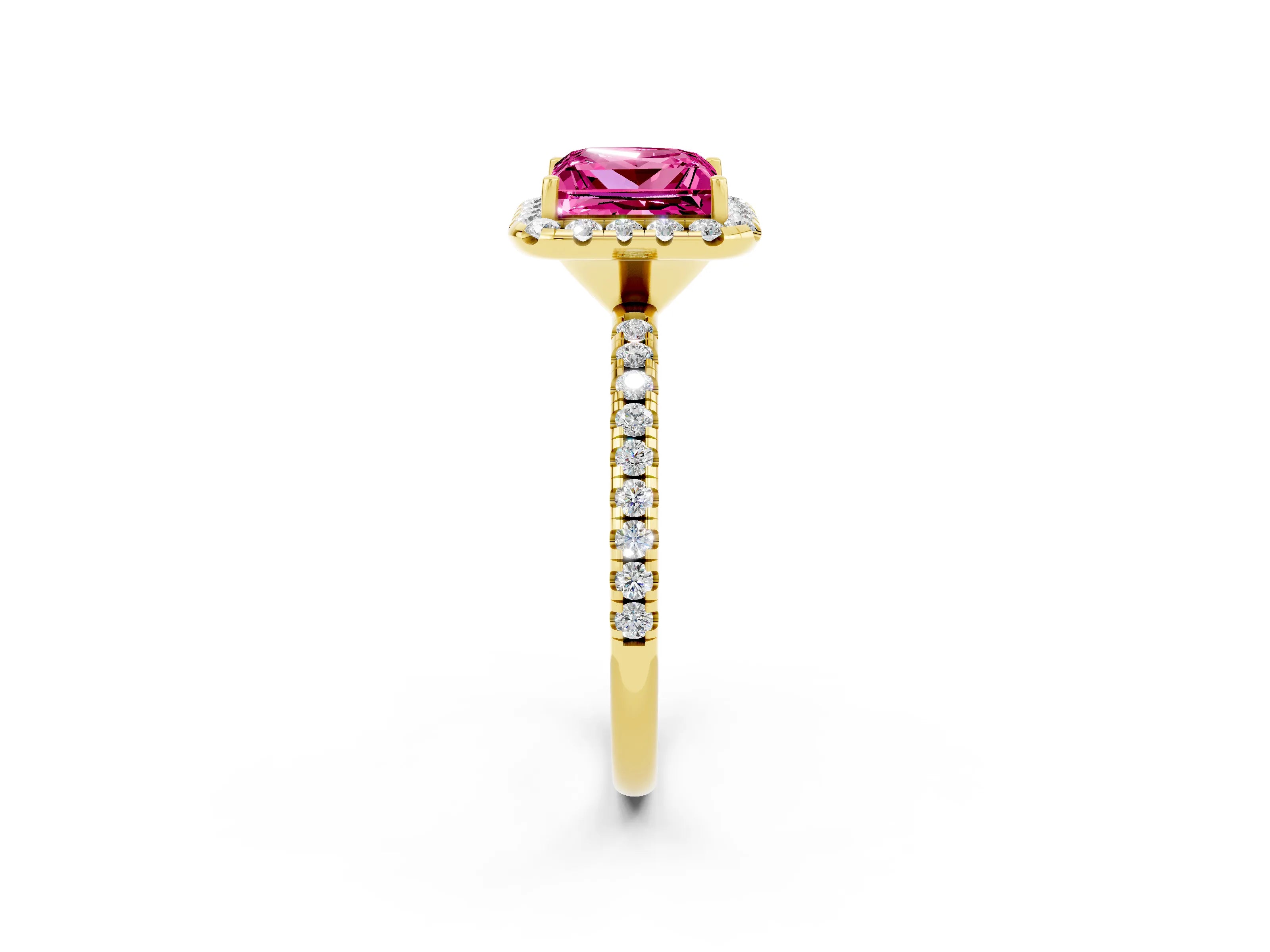 Yellow gold Princess Cut Cut Diamond Floral Halo Engagement Ring with Pavé Band and Prong Setting_2