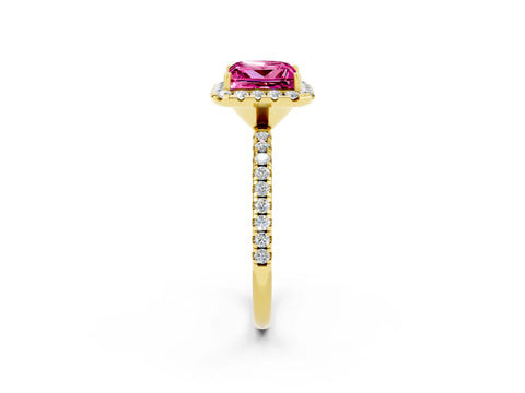 Yellow gold Princess Cut Cut Diamond Floral Halo Engagement Ring with Pavé Band and Prong Setting_2