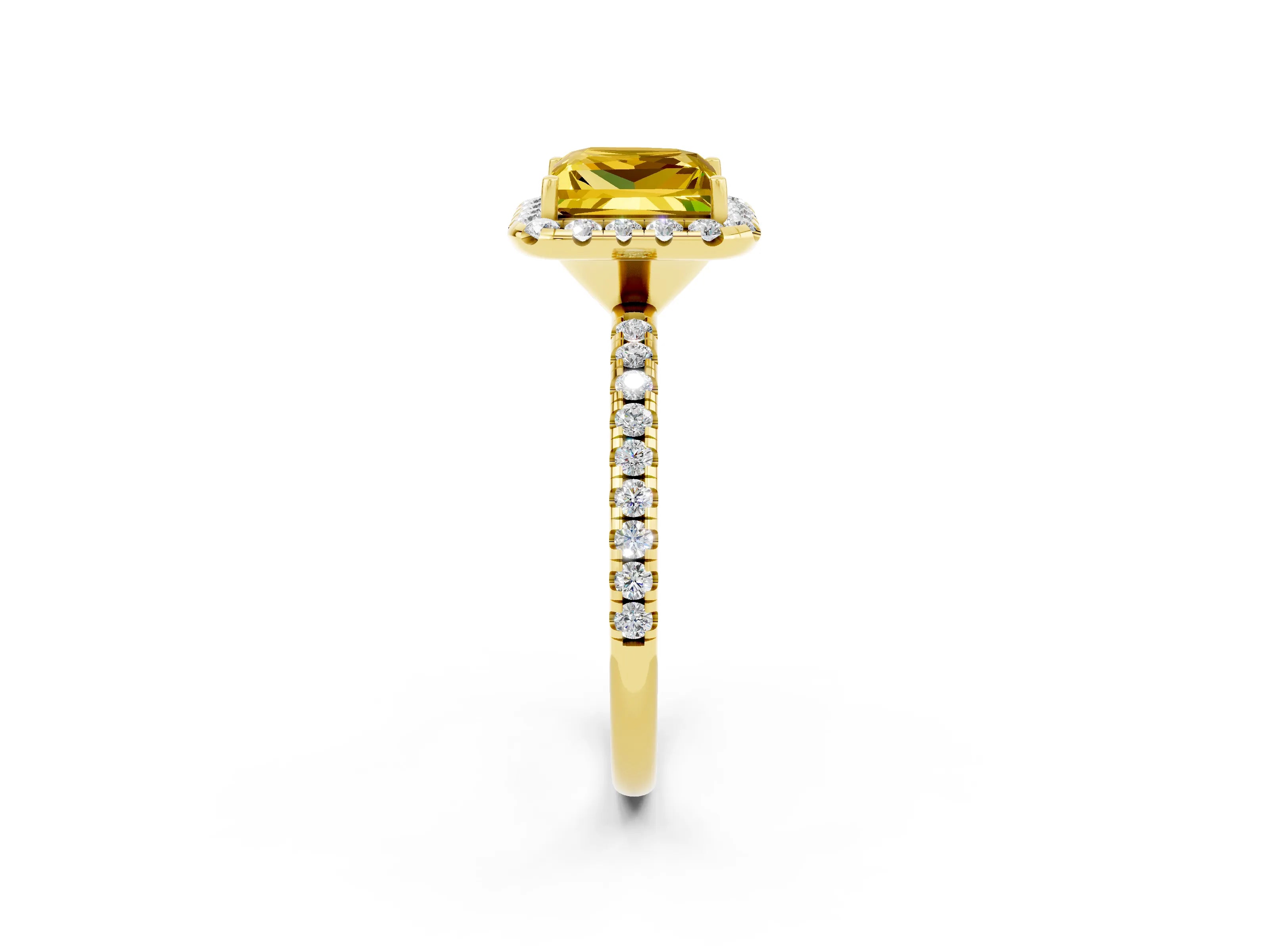 Yellow gold Princess Cut Cut Diamond Floral Halo Engagement Ring with Pavé Band and Prong Setting_2