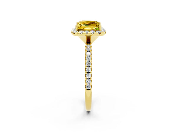 Yellow gold Princess Cut Yellow Sapphire Halo Engagement Ring with Round Pavé Band and Prong Setting
