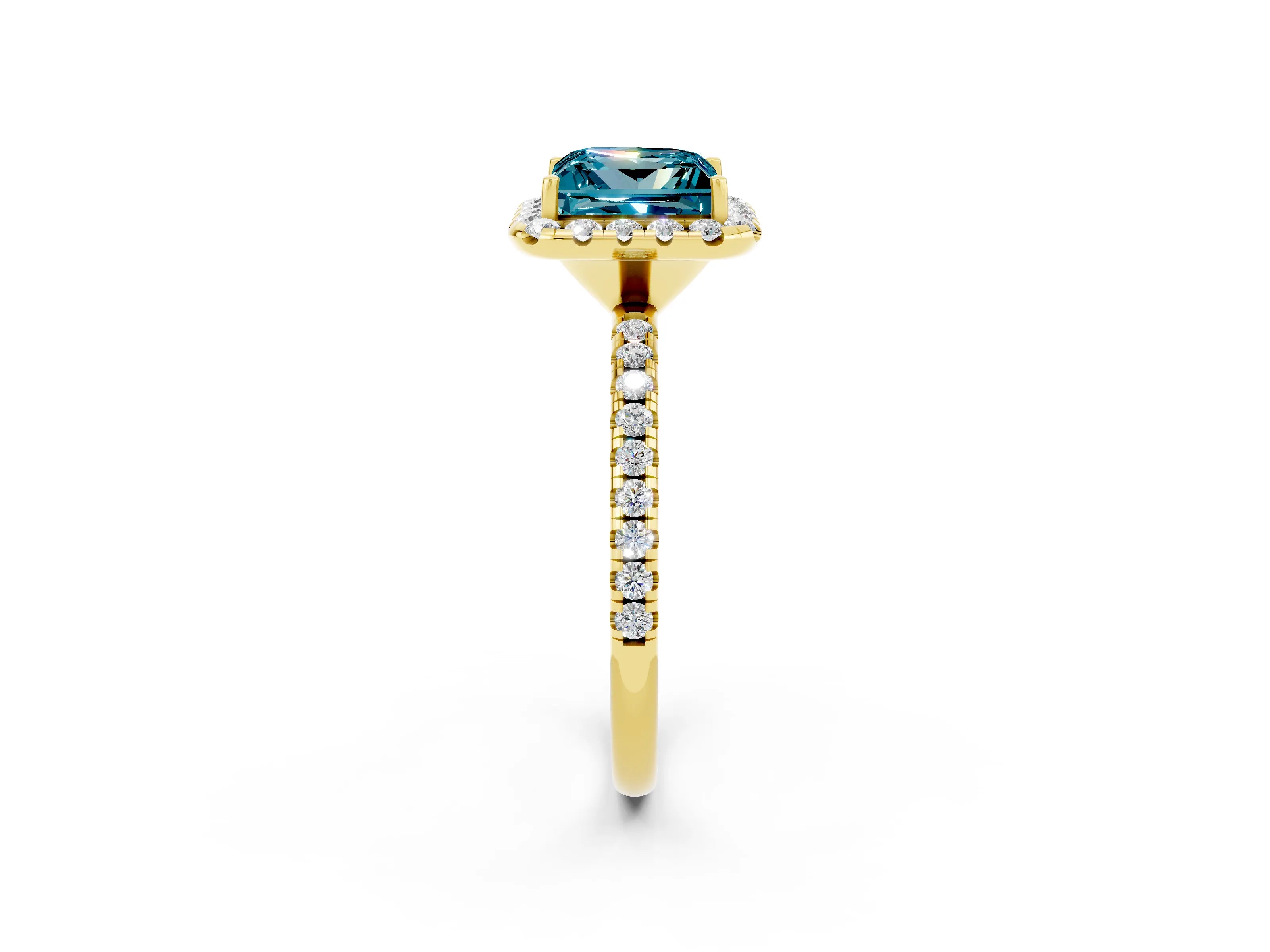 Yellow gold Princess Cut Cut Diamond Floral Halo Engagement Ring with Pavé Band and Prong Setting_2