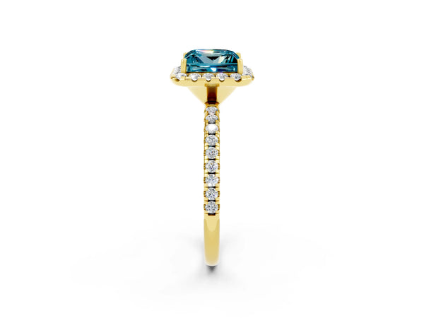Yellow gold Princess Cut Cut Diamond Floral Halo Engagement Ring with Pavé Band and Prong Setting