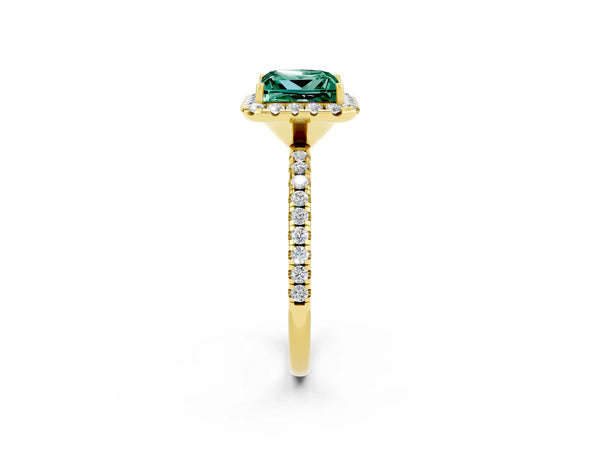 Yellow gold Princess Cut Green Sapphire Halo Engagement Ring with Round Pavé Band and Prong Setting