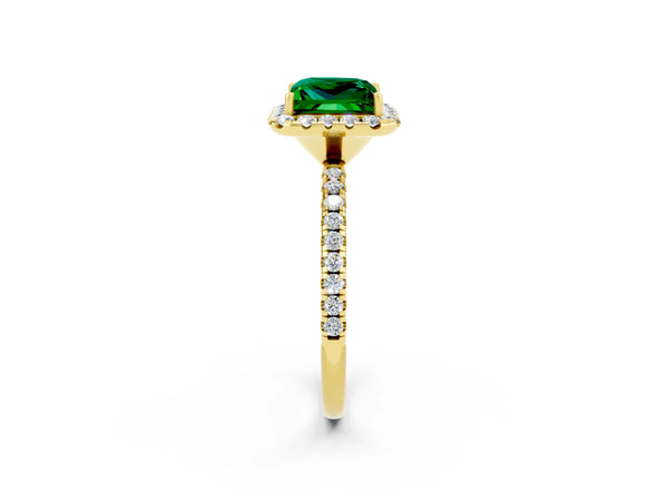Yellow gold Princess Cut Emerald Halo Engagement Ring with Round Pavé Band and Prong Setting