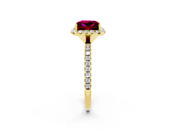 Yellow gold Princess Cut Garnet Halo Engagement Ring with Round Pavé Band and Prong Setting