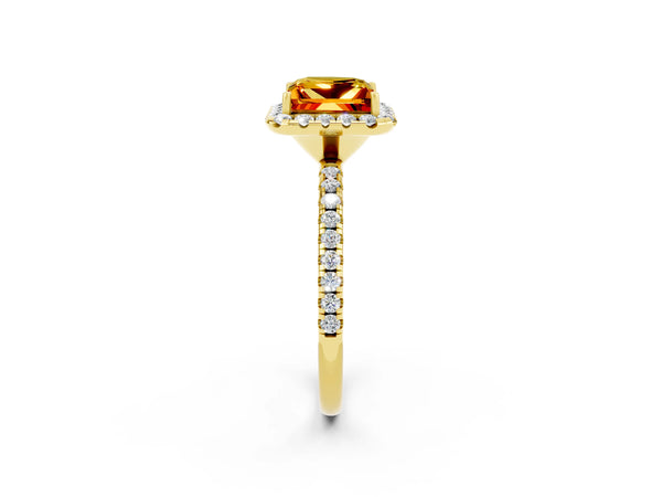 Yellow gold Princess Cut Citrine Halo Engagement Ring with Round Pavé Band and Prong Setting