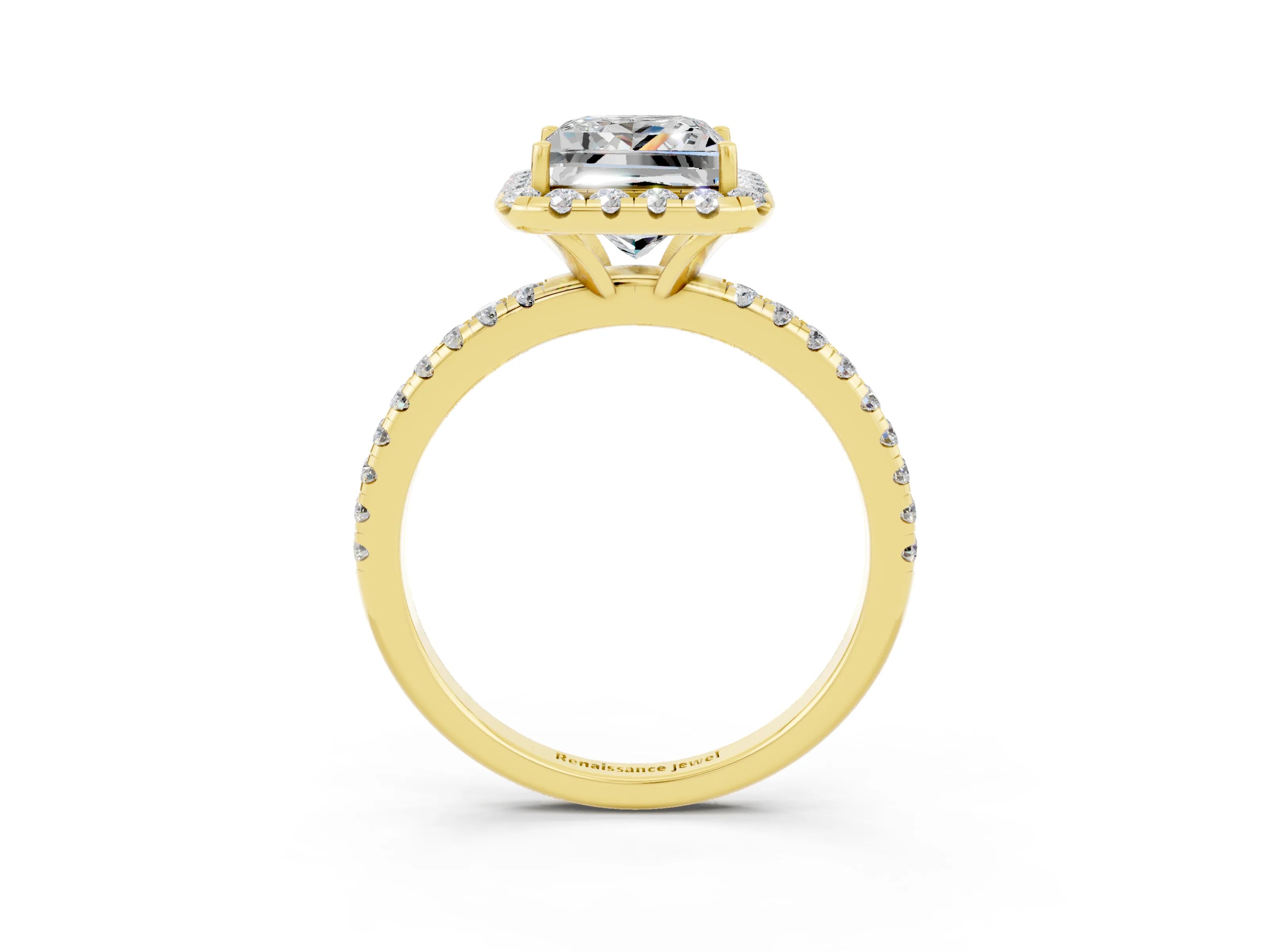 Yellow gold Princess Cut Cut Diamond Floral Halo Engagement Ring with Pavé Band and Prong Setting_3
