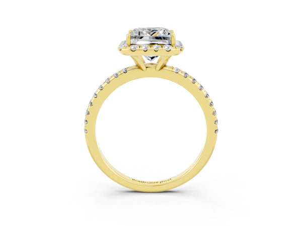 Yellow gold Princess Cut Moissanite Halo Engagement Ring with Round Pavé Band and Prong Setting