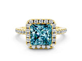 Yellow gold Princess Cut Cut Diamond Floral Halo Engagement Ring with Pavé Band and Prong Setting