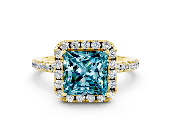 Yellow gold Princess Cut Cut Diamond Floral Halo Engagement Ring with Pavé Band and Prong Setting