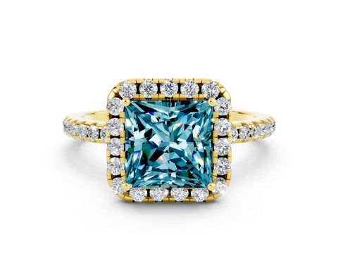 Yellow gold Princess Cut Cut Diamond Floral Halo Engagement Ring with Pavé Band and Prong Setting