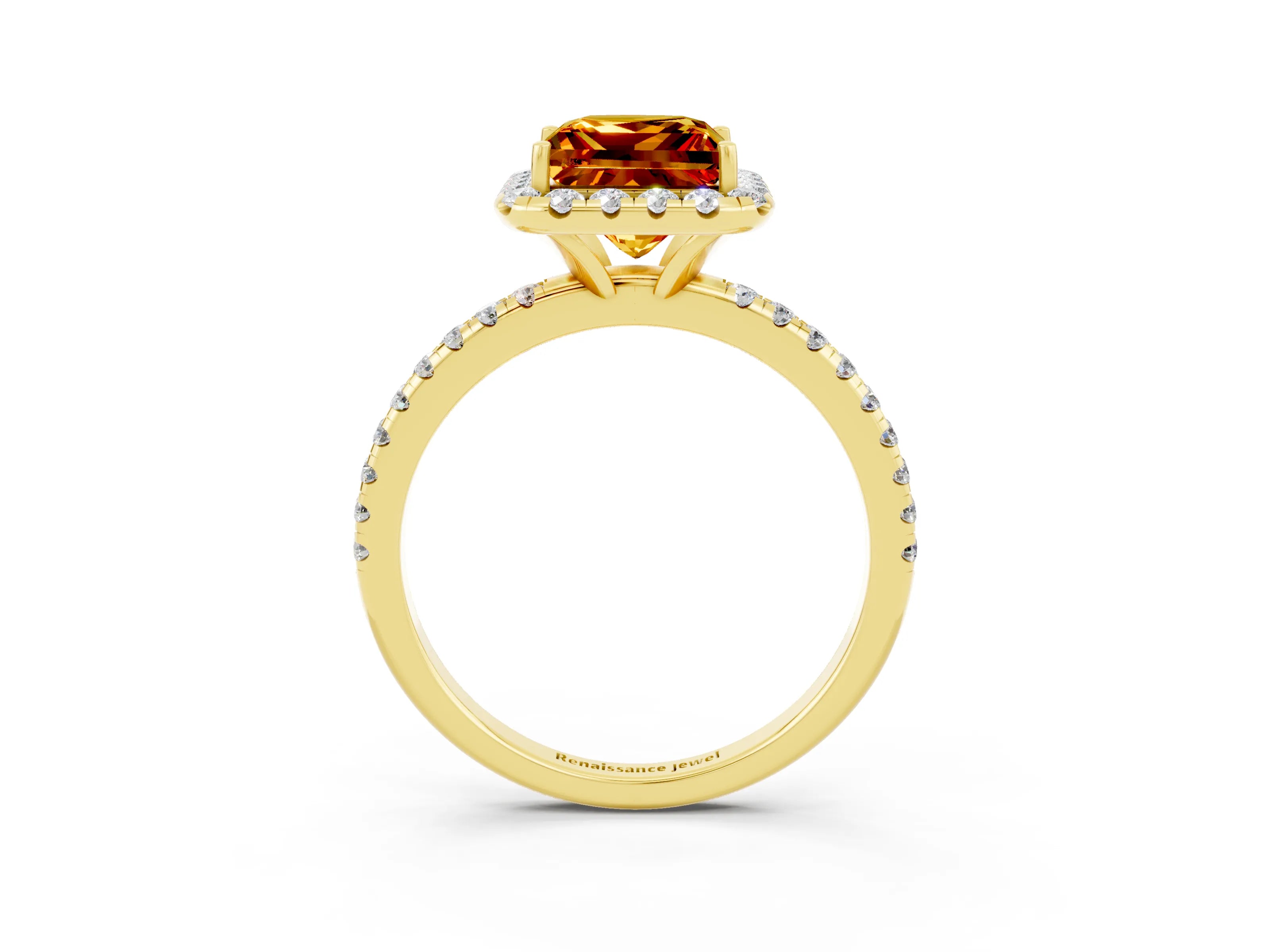 Yellow gold Princess Cut Cut Diamond Floral Halo Engagement Ring with Pavé Band and Prong Setting_3