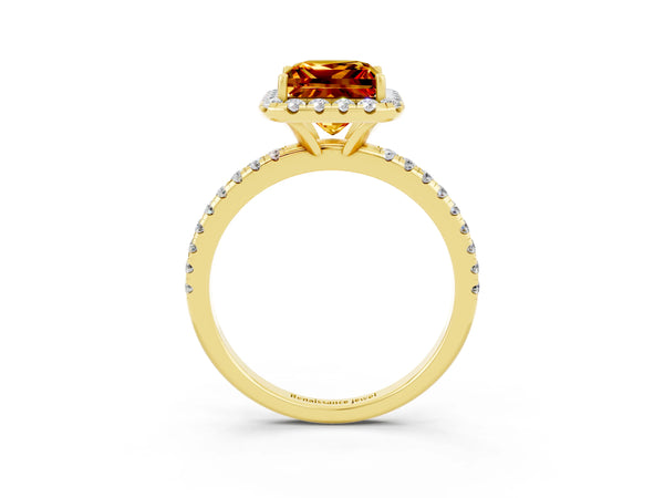 Yellow gold Princess Cut Citrine Halo Engagement Ring with Round Pavé Band and Prong Setting