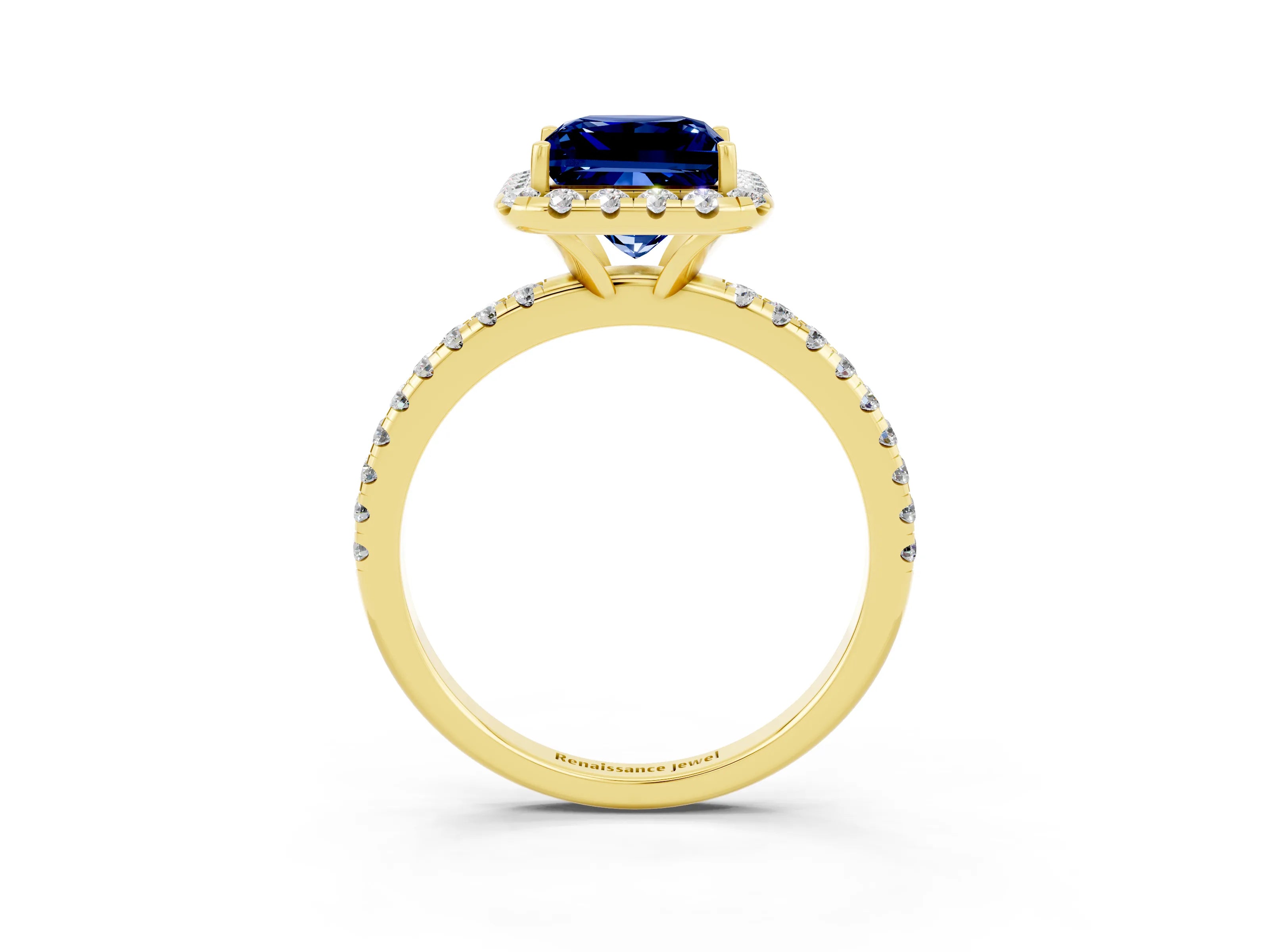 Yellow gold Princess Cut Cut Diamond Floral Halo Engagement Ring with Pavé Band and Prong Setting_3