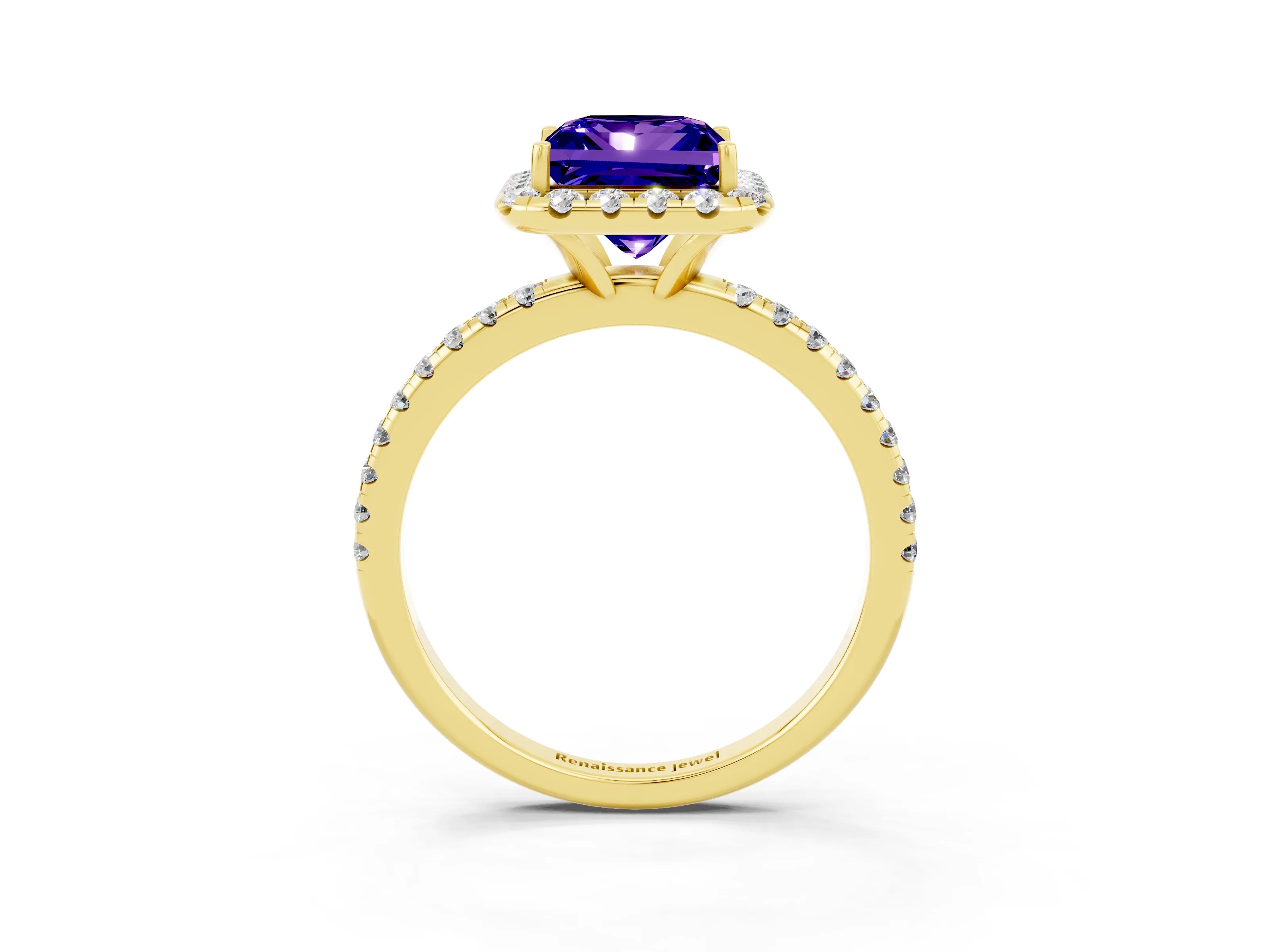 Yellow gold Princess Cut Cut Diamond Floral Halo Engagement Ring with Pavé Band and Prong Setting_3
