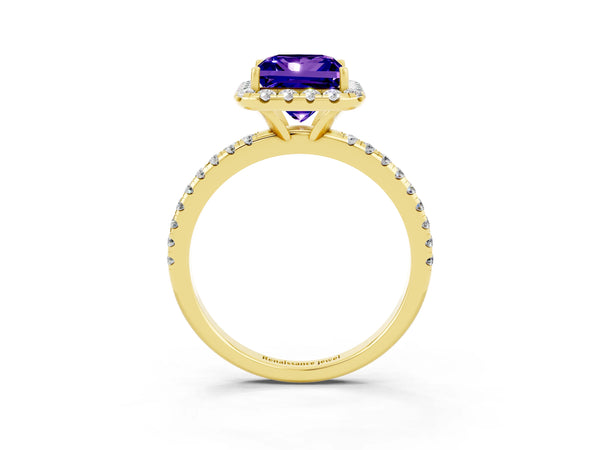 Yellow gold Princess Cut Tanzanite Halo Engagement Ring with Round Pavé Band and Prong Setting