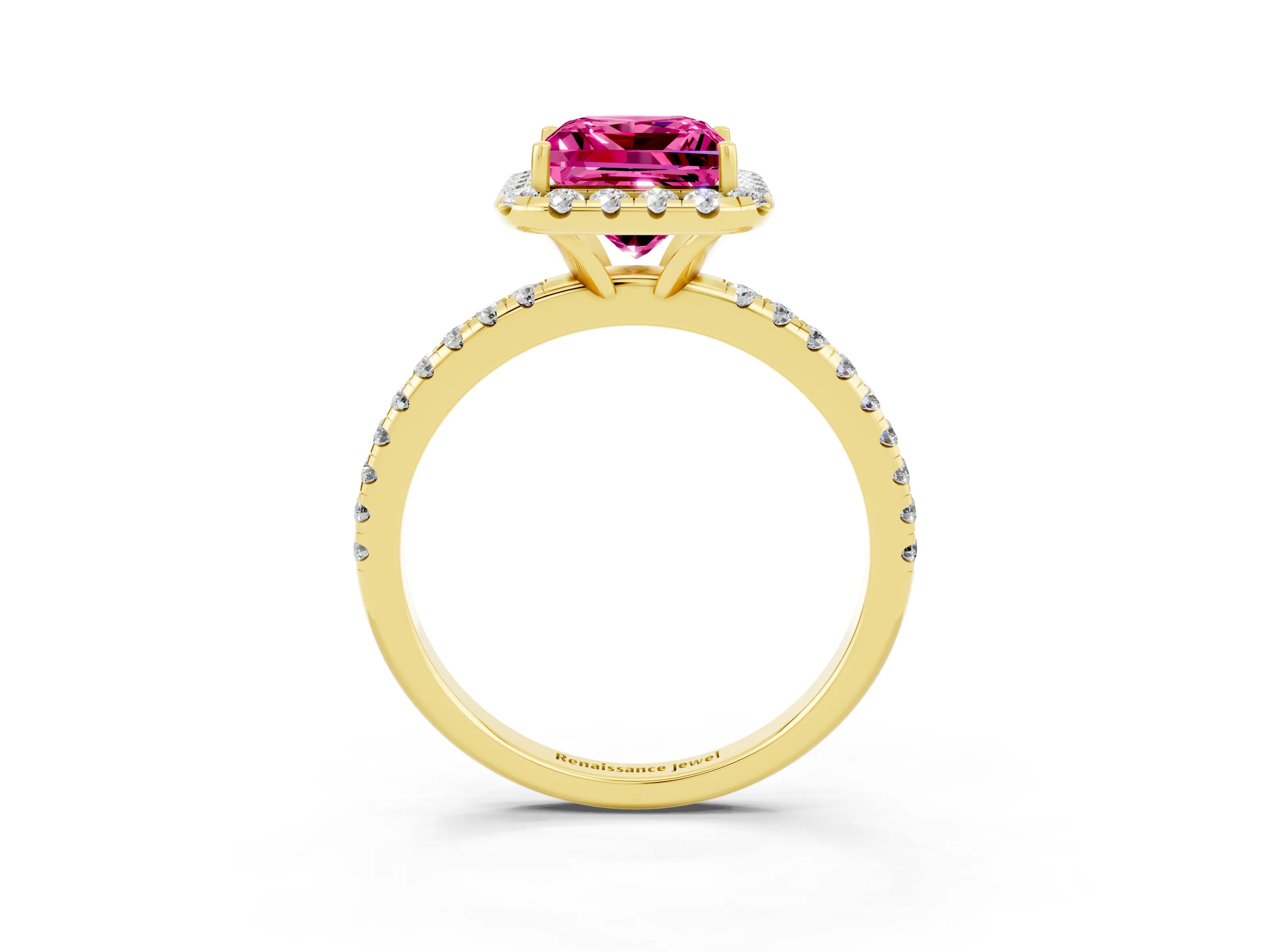 Yellow gold Princess Cut Cut Diamond Floral Halo Engagement Ring with Pavé Band and Prong Setting_3
