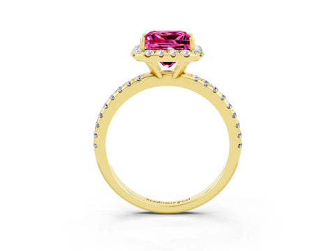 Yellow gold Princess Cut Cut Diamond Floral Halo Engagement Ring with Pavé Band and Prong Setting_3