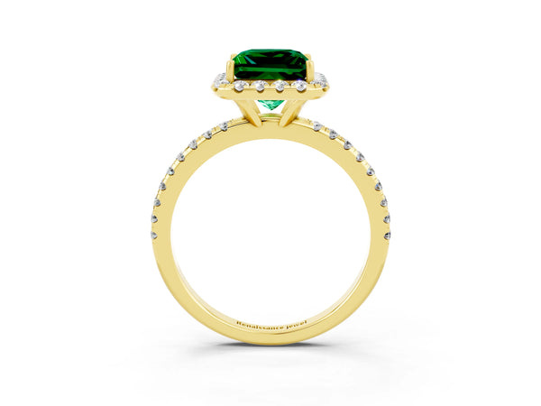 Yellow gold Princess Cut Emerald Halo Engagement Ring with Round Pavé Band and Prong Setting