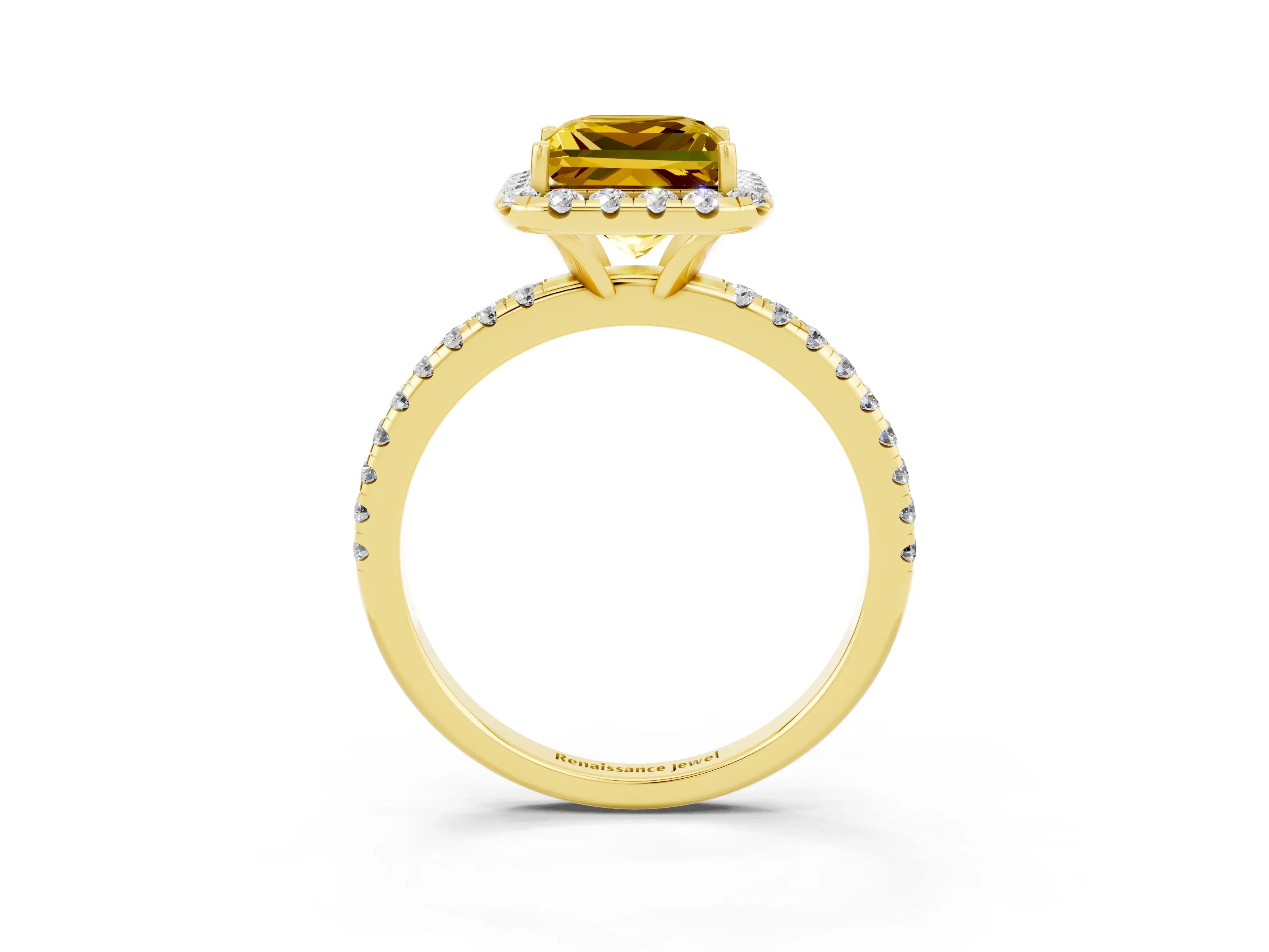 Yellow gold Princess Cut Cut Diamond Floral Halo Engagement Ring with Pavé Band and Prong Setting_3