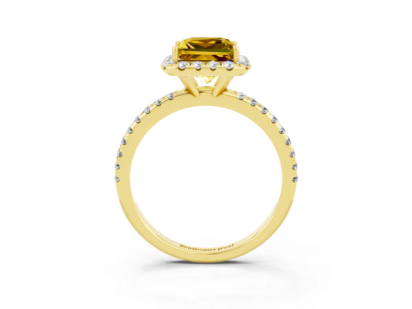 Yellow gold Princess Cut Yellow Sapphire Halo Engagement Ring with Round Pavé Band and Prong Setting