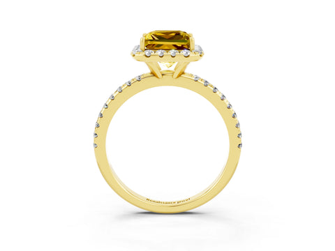 Yellow gold Princess Cut Cut Diamond Floral Halo Engagement Ring with Pavé Band and Prong Setting_3